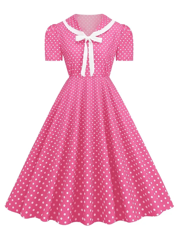 1950s Polka Dots Lapel Bowknot Swing Dress