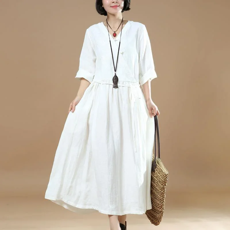 2018 white long linen dress trendy plus size embroidered fabric linen maxi dress casual Chinese Button maxi dresses