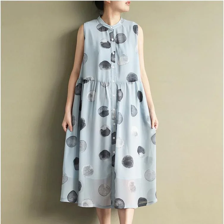 2021 New Blue Dotted Print Chiffon Sundress Plus Size Casual Shirts Dresses Sleeveless Maxi Dress