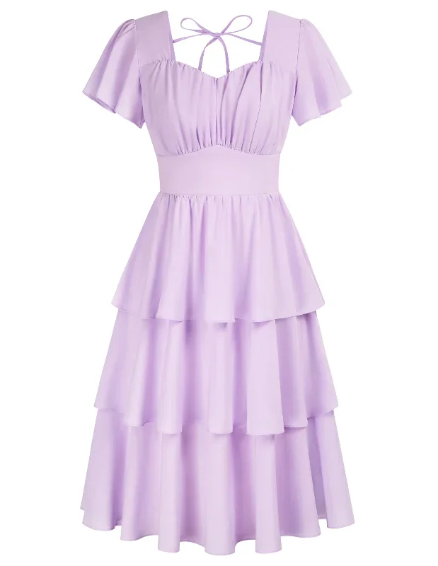 Square Neck Tiered Ruffle Dress 2023 Summer Vintage  A-line Swing Midi Dress