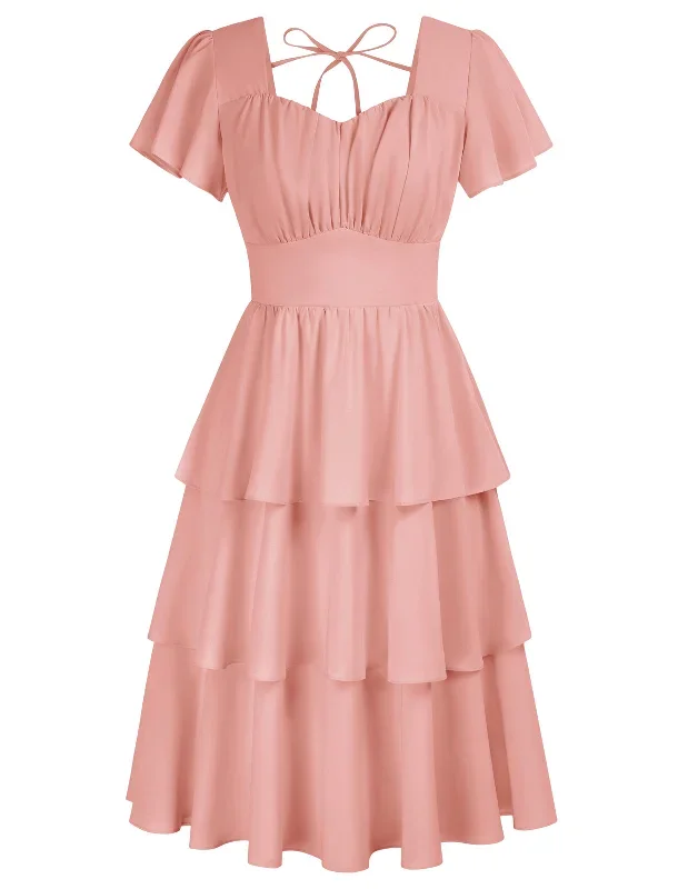 3-layer-short-flounce-sleeve-chiffon-square-v-neck-a-line-dress