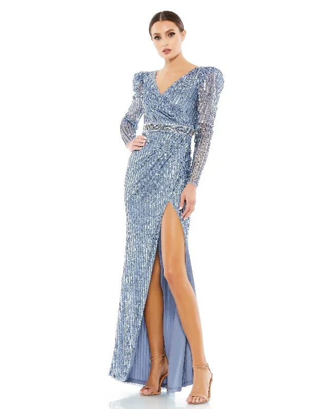 Sequin Puff Sleeve Surplice Gown