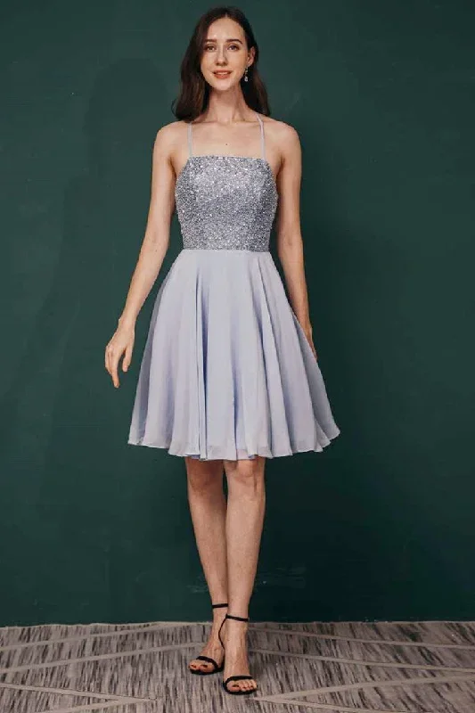 A-line Chiffon and Sequin Block Spaghetti Strap Short Dress