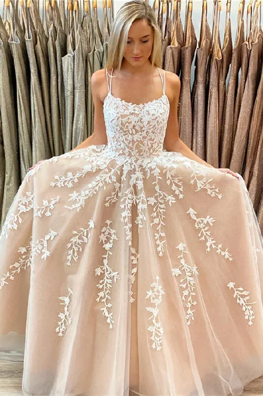 A-line Straps Long Nude Lace Prom Dress with Lace-Up