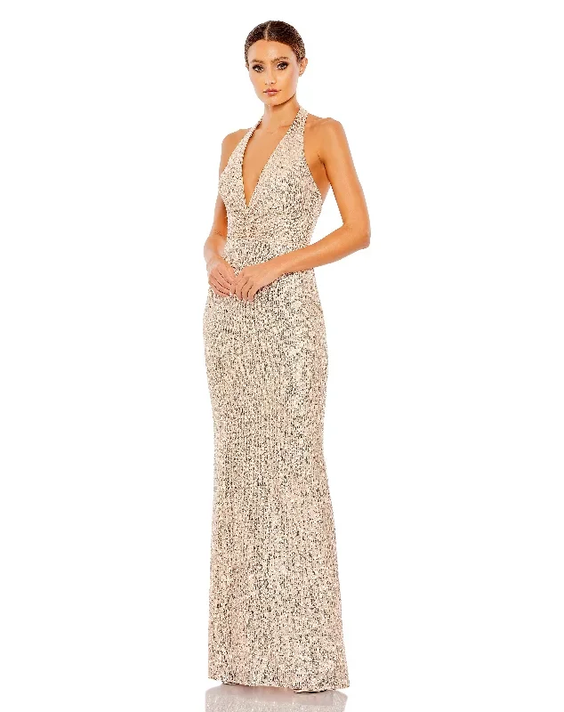 Sequined Halter Strap Plunge Neck Gown