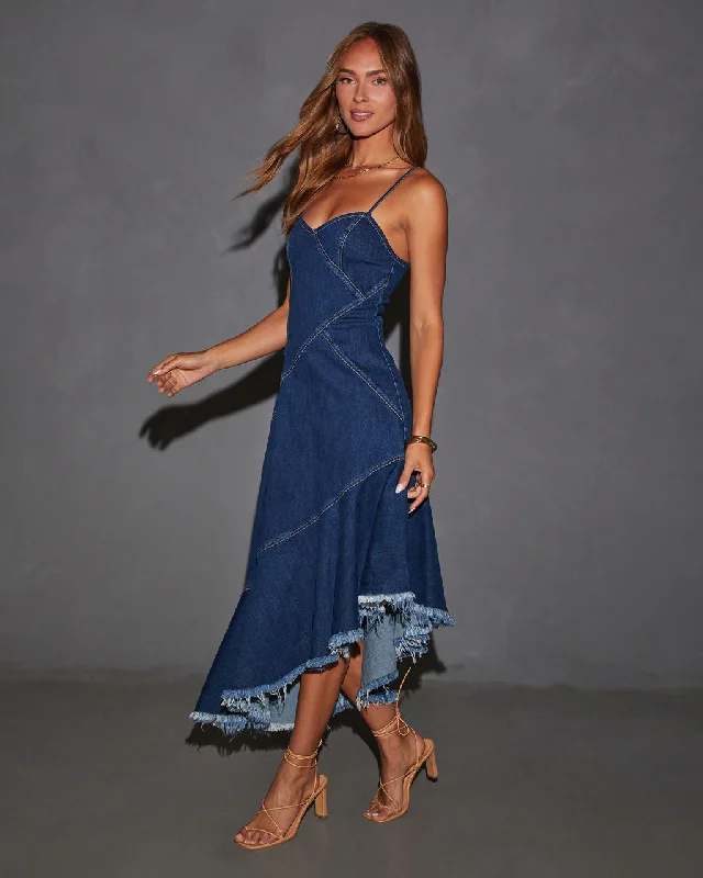 asymmetrical-raw-hem-denim-midi-dress