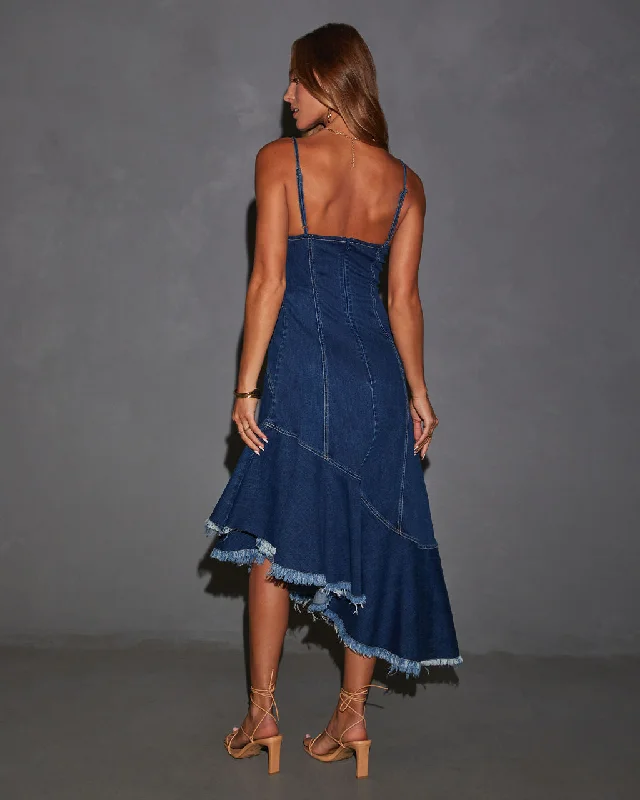 asymmetrical-raw-hem-denim-midi-dress