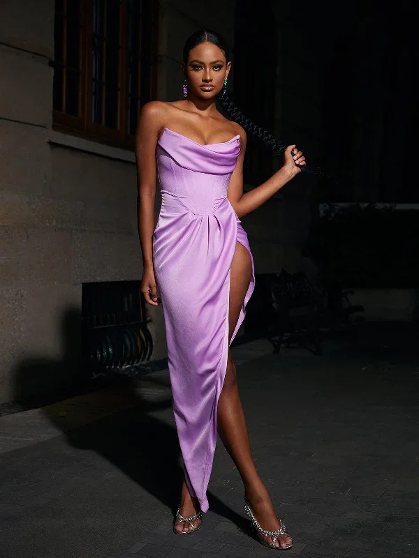 Avila Strapless Satin Maxi Dress In Violet