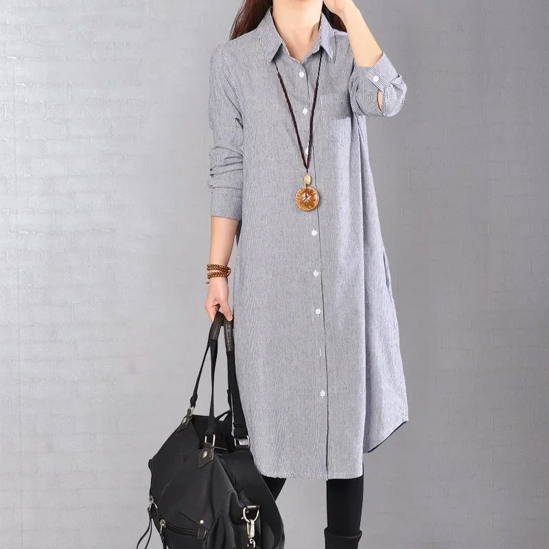 baggy blue Midi-length linen dress oversize linen shirts dresses boutique lapel collar striped cotton clothing