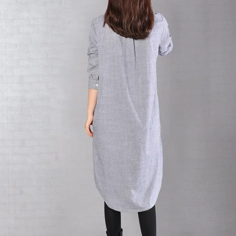 baggy-blue-midi-length-linen-dress-oversize-linen-shirts-dresses-boutique-lapel-collar-striped-cotton-clothing