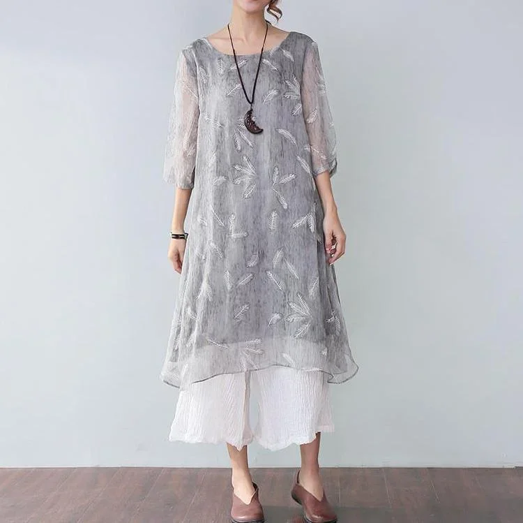 Baggy Natural Chiffon Dress Oversize Stylish Printing Lining Elbow Sleeves Gray Dress