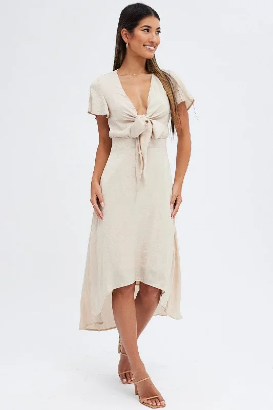 Beige Midi Dress Short Sleeve Tie Back Satin