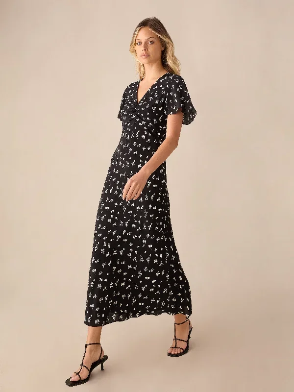 Black Ditsy Floral Print Flutter Sleeve Midi Dress