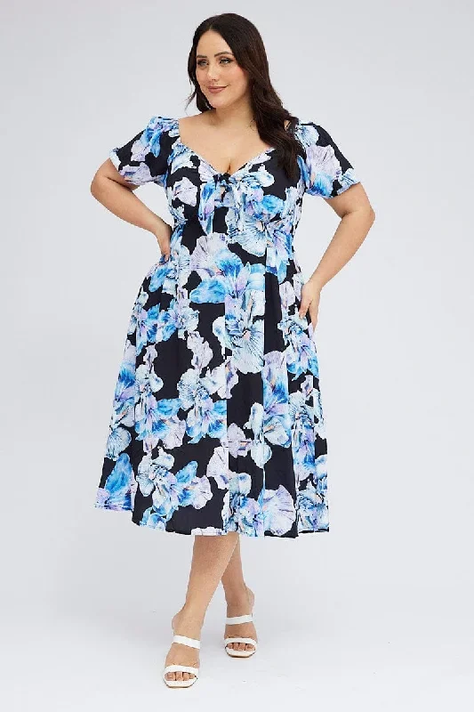 Black Floral Midi Dress Tie Front Puff Sleeve