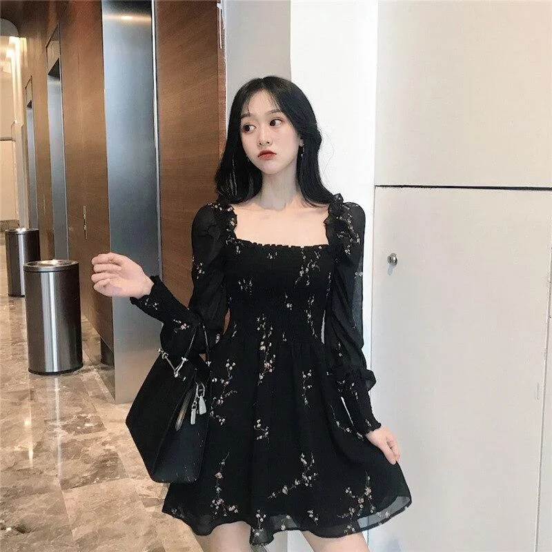 black-mini-dresses-vintage-flower-long-puff-sleeve-chiffon-dresses