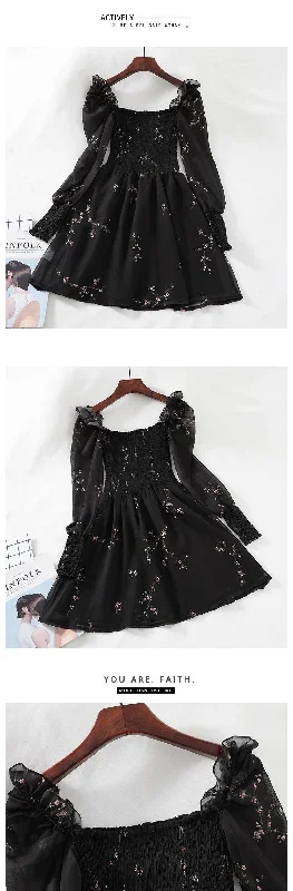 black-mini-dresses-vintage-flower-long-puff-sleeve-chiffon-dresses