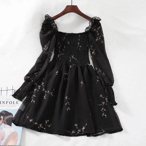 black-mini-dresses-vintage-flower-long-puff-sleeve-chiffon-dresses