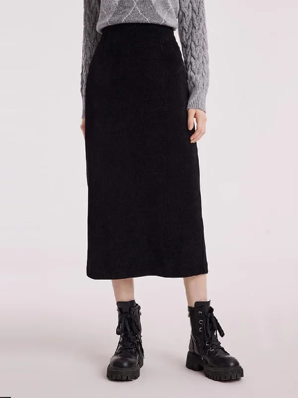 Black Straight Knitted Slit Women Skirt