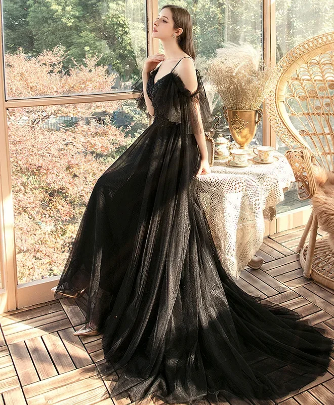 Black V Neck Tulle Lace Long Prom Dress Black Evening Dress