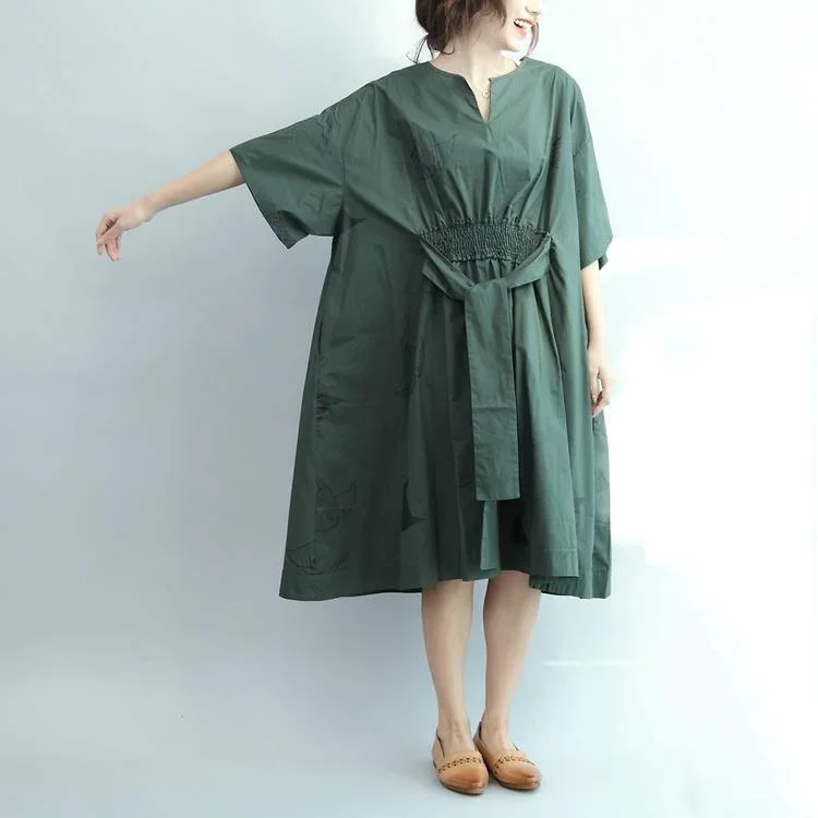 Blackish green cotton summer dresses short sleeve baggy caual sundresses 2017 summer collection