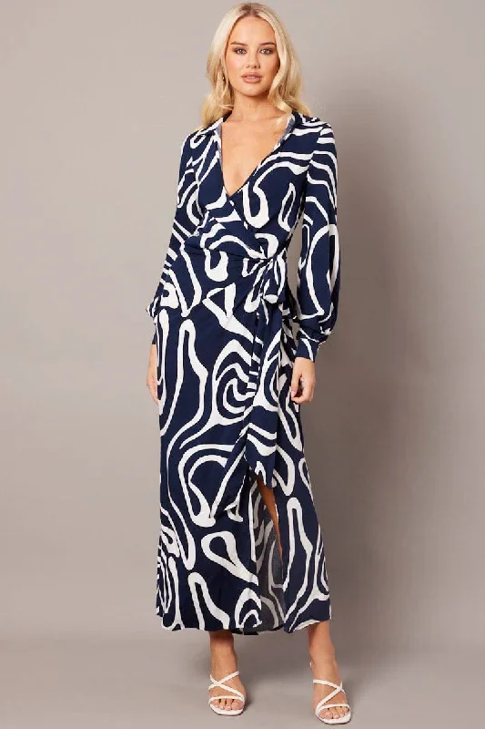 Blue Abstract Wrap Maxi Dress Shirt Dress