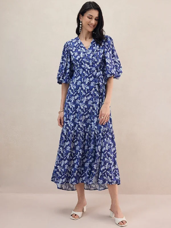 Blue Floral Printed Wrap Maxi Dress