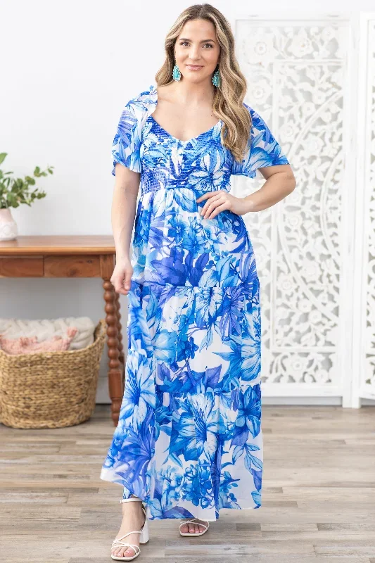 Blue Florals Short Sleeve Maxi Dress