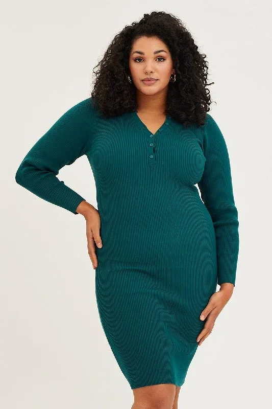 Blue Midi Knit Bodycon Dress V-Neck Long Sleeve