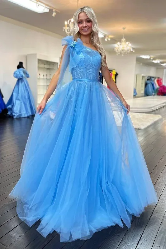 blue-one-shoulder-lace-ruched-a-line-tulle-prom-dress