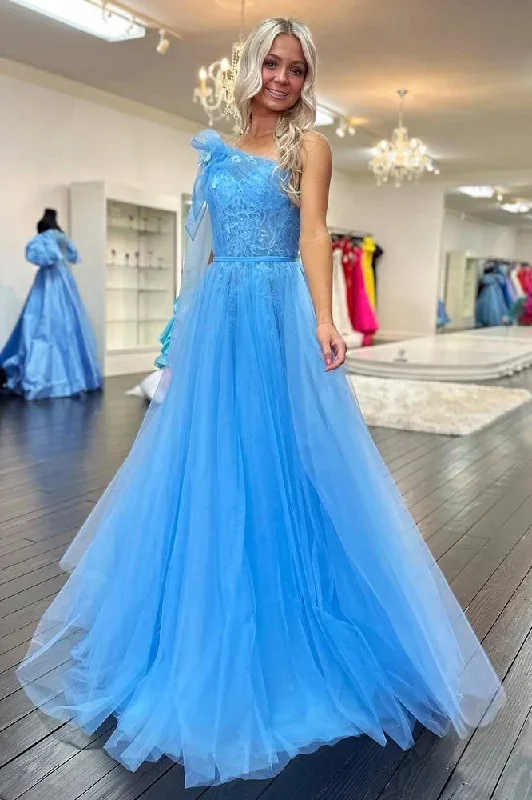 blue-one-shoulder-lace-ruched-a-line-tulle-prom-dress