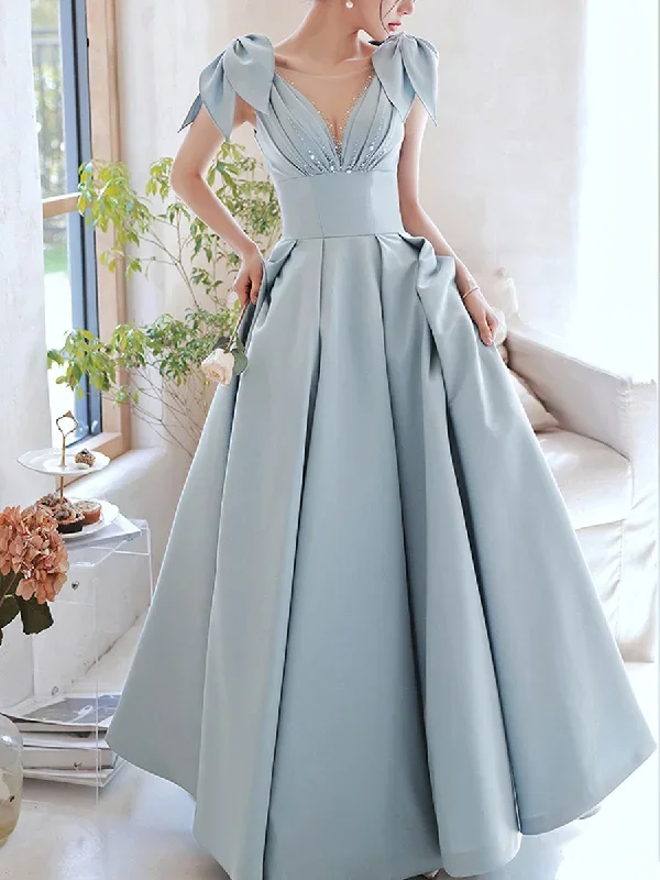 Blue V Neck Satin Long Prom Dress, Blue Satin Evening Dresses