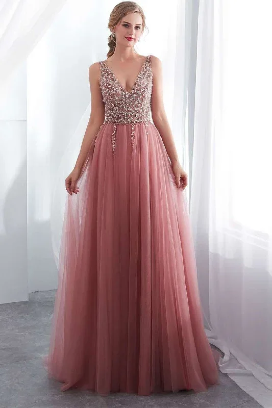 Blush Pink V-neck Beaded Tulle Prom Dress