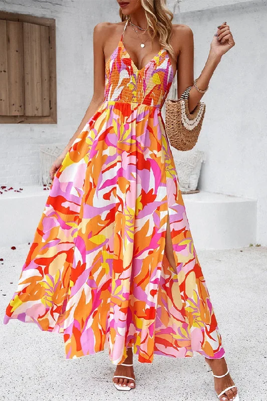 Bohemia Floral Print V Neck Smocked Maxi Dress