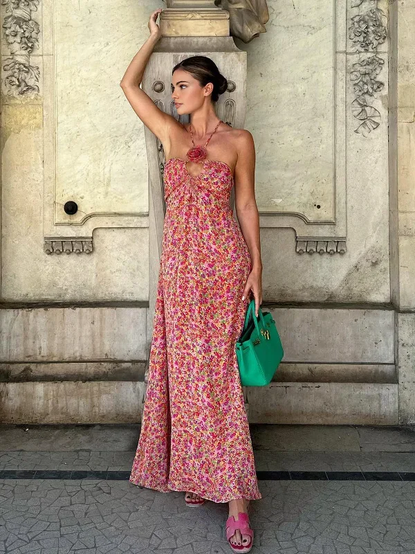 boho-floral-print-rosette-decor-halter-long-dress