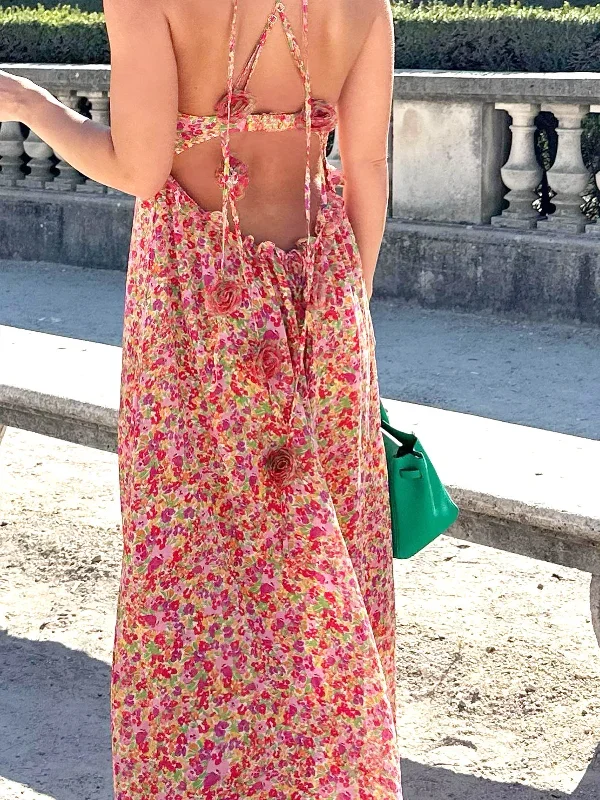 boho-floral-print-rosette-decor-halter-long-dress