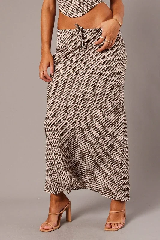 Brown Geo Slip Skirt Maxi Drawstring Waist