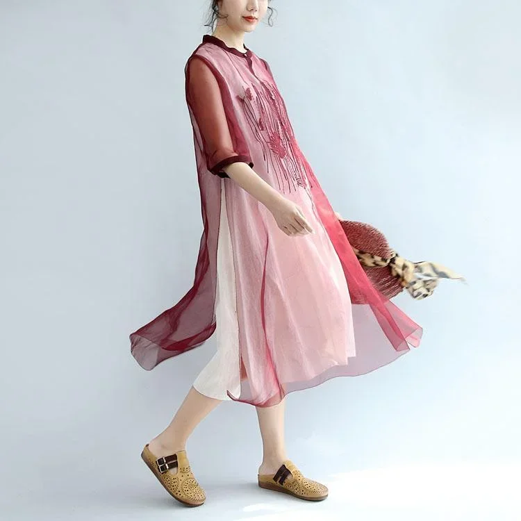 Burgundy Stylish Embroidery Silk Cotton Dresses Loose Casual Sundress Short Sleeve Maxi Dress Side Open