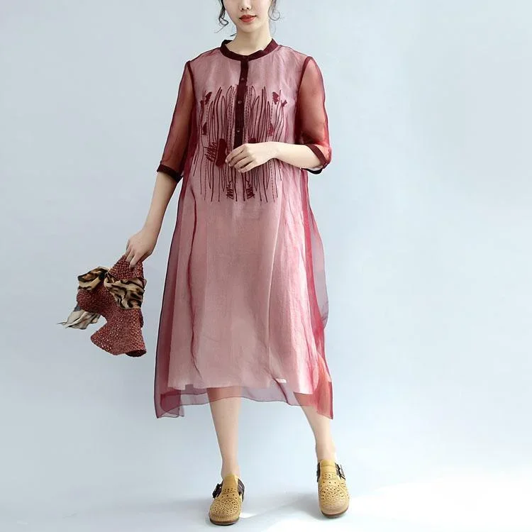 burgundy-stylish-embroidery-silk-cotton-dresses-loose-casual-sundress-short-sleeve-maxi-dress-side-open