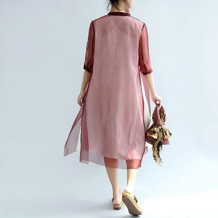 burgundy-stylish-embroidery-silk-cotton-dresses-loose-casual-sundress-short-sleeve-maxi-dress-side-open