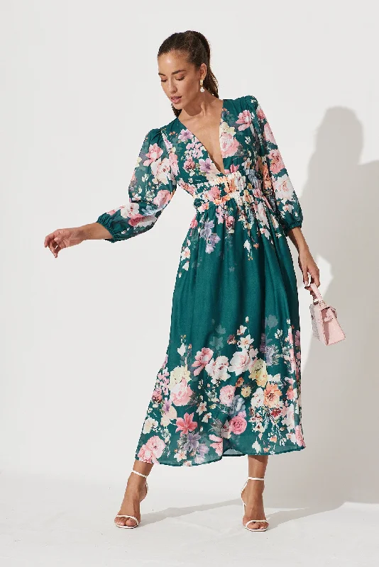 Camie Maxi Dress In Teal With Orange Floral