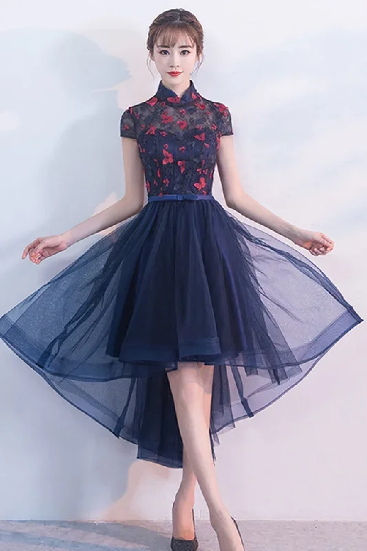 cap-sleeve-stand-up-collar-lace-flower-high-low-dress