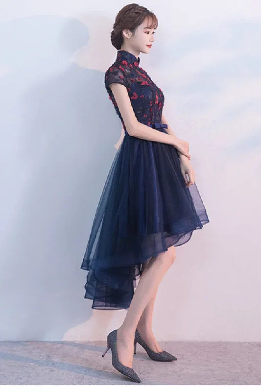 cap-sleeve-stand-up-collar-lace-flower-high-low-dress