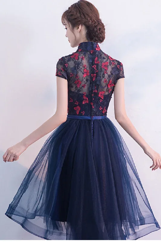 cap-sleeve-stand-up-collar-lace-flower-high-low-dress