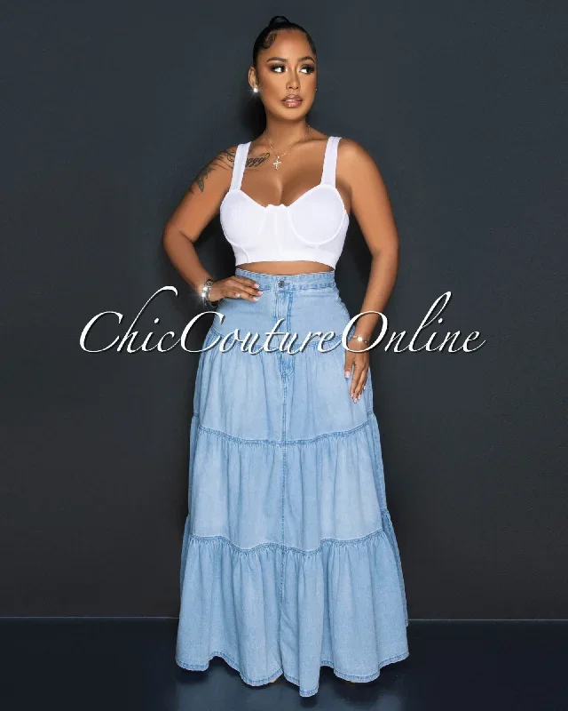 Caria Light Blue Tier Denim Maxi Skirt (5/10)