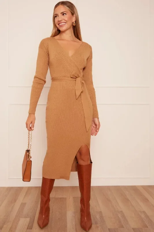 Chi Chi Wrap Split Side Knitted Midi Dress in Camel