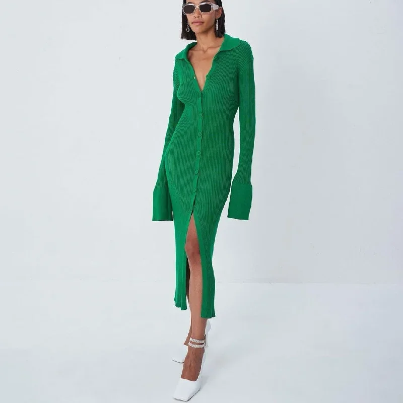 Long Sleeve Split Trim Rib Knit Maxi Dress - Green