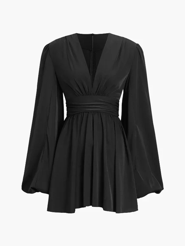 chiffon-low-cut-v-neck-pleated-zip-mini-dress