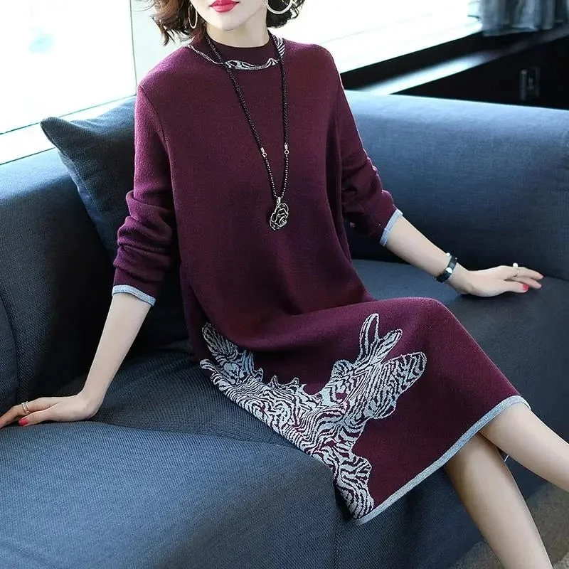 CityHottie - Trends high quality New Year Women's Autumn/Winter Long Sleeve Knitted Wool Dress Loose High Collar Knee-Length Dress Slim Casual Dress Party Dress