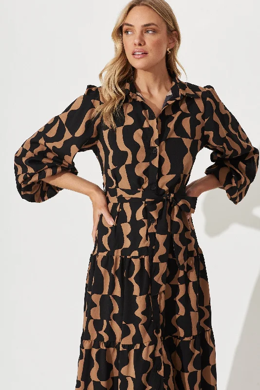 colmar-maxi-shirt-dress-in-black-with-brown-print