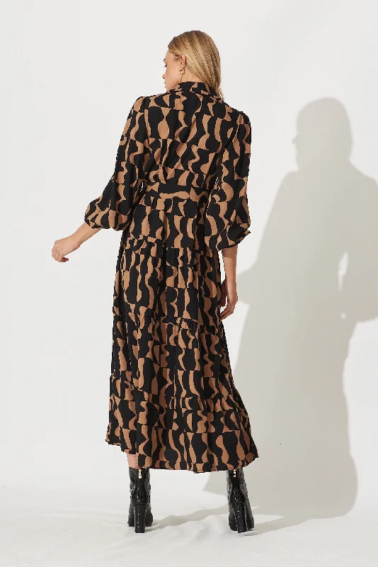 colmar-maxi-shirt-dress-in-black-with-brown-print